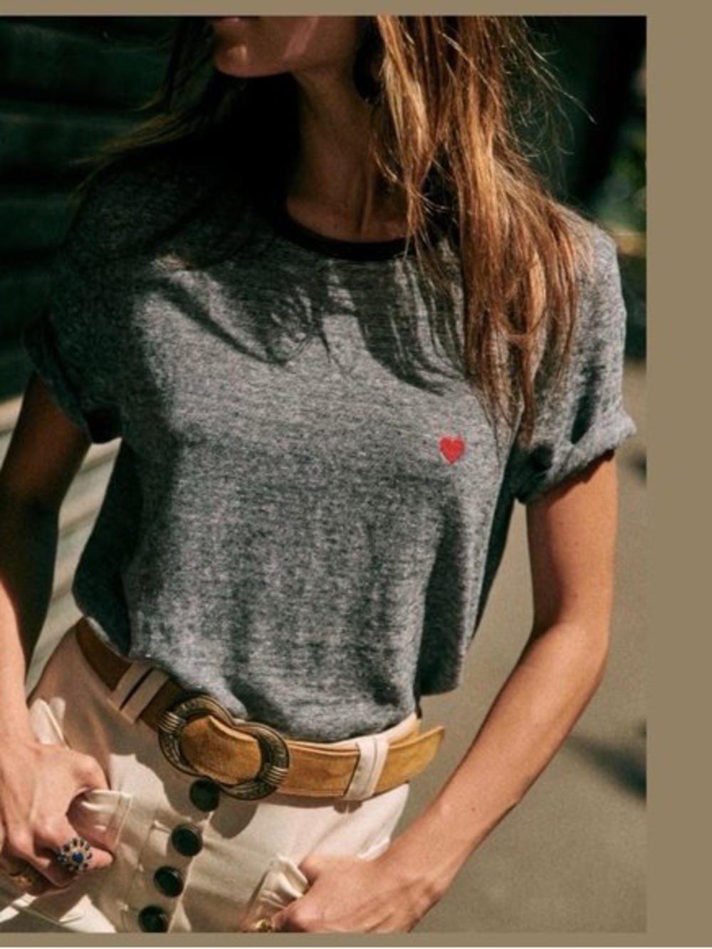 Sezane Navy Ringer Tee with Red Heart Accent